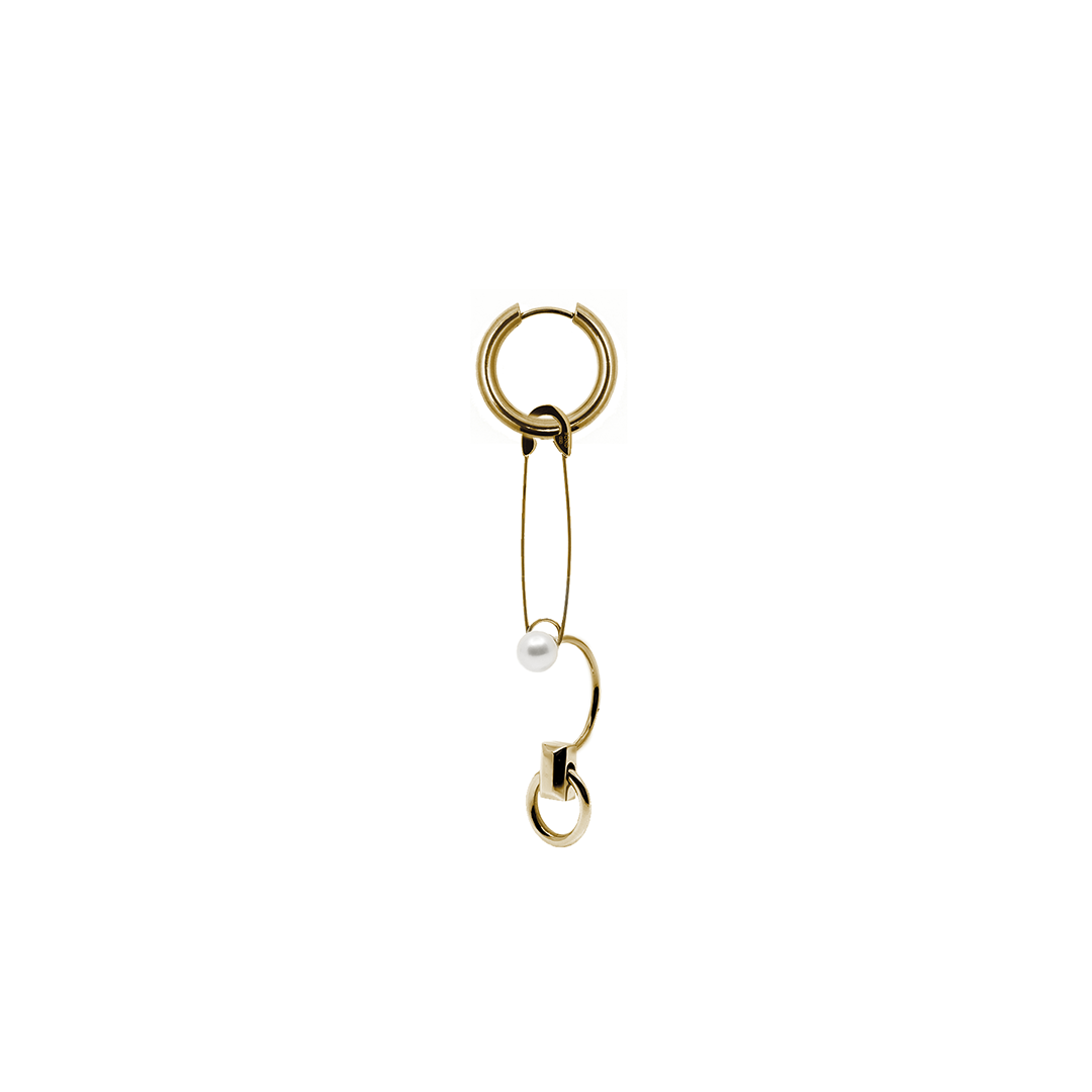 Safety Pin, 5mm Pearl + Hitch Dangle Earring